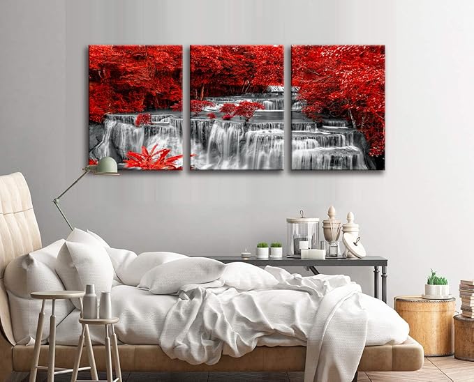 Yxbhhym Black White and Red Waterfall Canvas Wall Art Forest Paintings Waterfall Artwork for Wall Print Landscape Wall Picture for Living Room Wall Decor Large Framed Wall Art -24x48inches