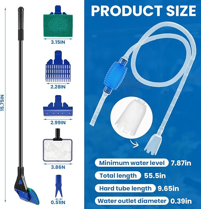 Aquarium Fish Tank Cleaning Tool Kit Include 4 Pcs Long Aquascape Tools Kit 1 Pcs Magnetic Glass Cleaner Brush 5 in 1 Fish Tank Gravel Cleaner and Siphon Vacuum for Terrarium Fish Tank Set