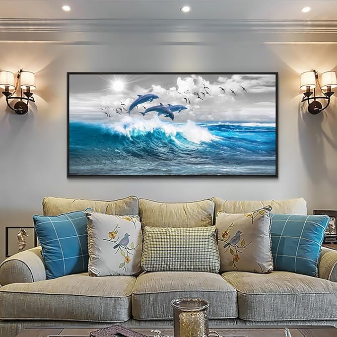Wapluam Large Wall Art For Living Room Wall Decorations For Bedroom Blue Waves Of The Sea Wall Pictures Artwork Modern Office Dolphins Canvas Print Wall Paintings Black Framed Home Decor Poster