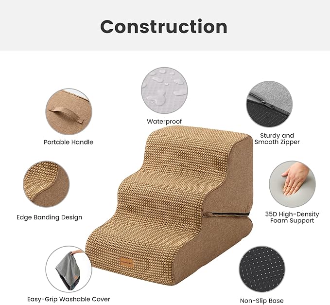 Gardner Pet Dog Stairs for Small Dogs 16.5" H, 2 in 1 Transformable 3-Step Pet Stairs and Dog Ramp for Couch (13-20 in), Brown Adjustable Pet Steps with Non-Slip Waterproof Cover and CertiPUR-US Foam