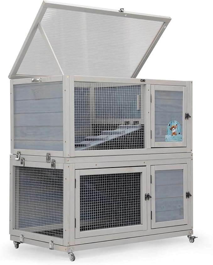Weatherproof Wooden Rabbit Hutch for Indoor Outdoor Use, 2 Story Bunny Cage House with Wheels, Small Animal Shelter with Pull Out Tray, Non-Slip Ramp, Chicken Coop, Pet House Guinea Pigs Quail