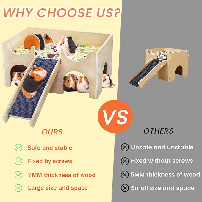Large Guinea Pig Hideout, Sturdy Wooden Guinea Pig House, Small Animal Toys Accessories Bed Hut Habitats with Ramp and Mat, Easy to Install for Hamsters Bunny Rabbit Playing Hiding