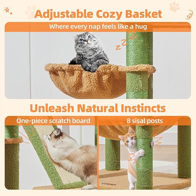 Taoqimiao Cactus Cat Tree, 57.5-Inch Cat Tower for Indoor Cats Large Adult, Extra Large Cat Condo, 8 Sisal Scratching Posts, Metal Frame Cozy Hammock, Durable Scratch Board, 2 Top Perches, MSC026