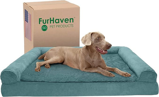 Furhaven Cooling Gel Dog Bed for Large Dogs w/ Removable Bolsters & Washable Cover, For Dogs Up to 125 lbs - Plush & Suede Sofa - Deep Pool, Jumbo Plus/XXL