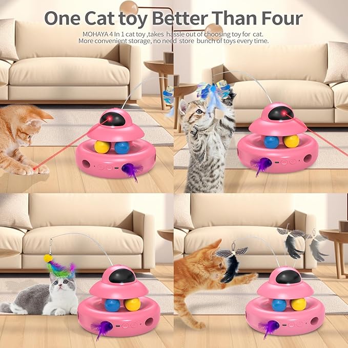 Automatic Cat Toys,4-in-1 InteractiveCat Toys for Bored Indoor Adult Cats, Electric Flying Butterfly,Rechargeable Moving Ambush Feather,Pink Kitter Toy Track Balls