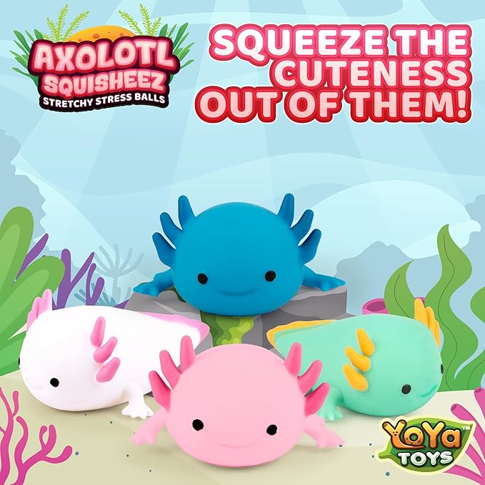 YoYa Toys Squisheez Axolotl 4Pack - Mini Squishy Animal Toys for Stress Relief - Fun and Cute Toys for Kids and Adults - Kawaii Squishies in Pink, White, Green, and Blue