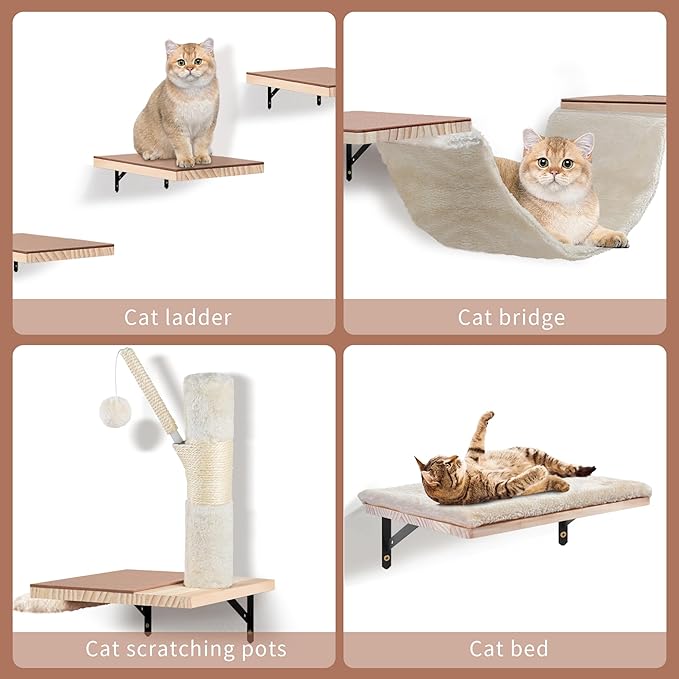 Wall Mounted Cat Climber Set, Cat Wall Shelves,Cat Wall Furniture Set,with Hammock,Jumping Boards,Sofa,Steps,Scratching Post,Hanging Ball and Felt Pads, Suit for Cats Climb, Jump,Scratch-Beige