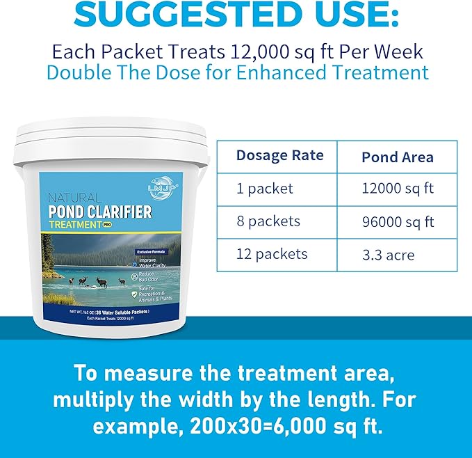 Pond Clarifier Treatment – 36 Packets Natural Pond Water Clear for Outdoor Lakes – Beneficial Enzymes to Improve Water Clarity & Eliminate Odor – Treats Up to 432,000 Sq Ft