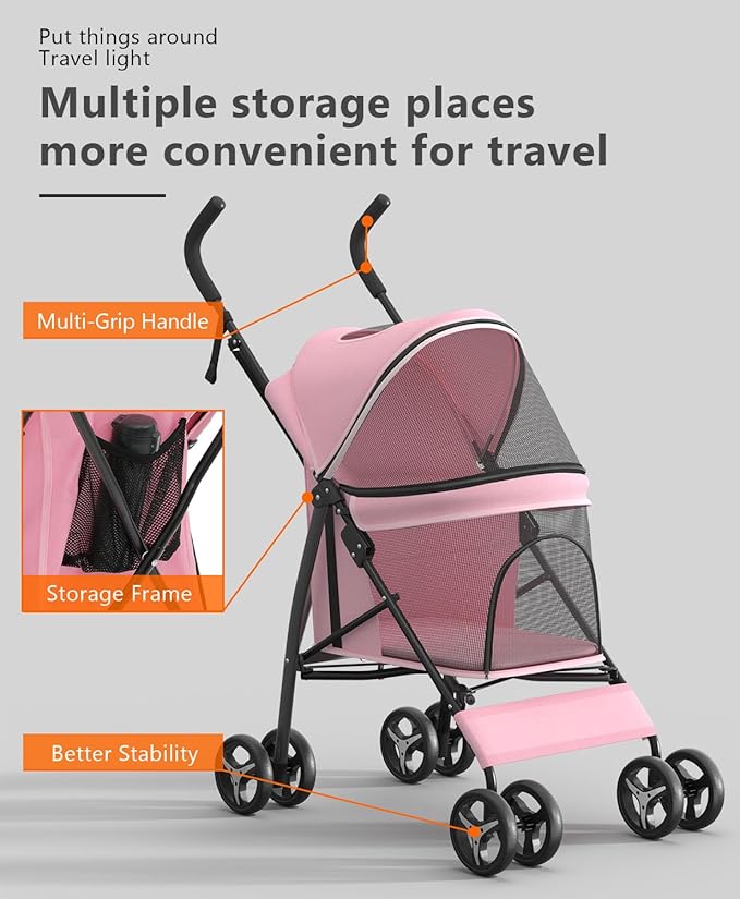 Pet Stroller with 4 Wheels for Small/Medium Pets, Portable Travel Foldable Carrier Jogger for Dog Cat Puppy Kitty, Rear Wheel Breaks, Storage Basket, Visible Mesh with Weather Cover (Pink)