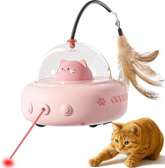hooroor 2-in-1 UFO Laser Cat Toy – Automatic Motion with Feather, Rechargeable Smart Sensor Interactive Toy for Indoor Cats & Dogs, Fun Exercise & Play, Perfect Pet Gift