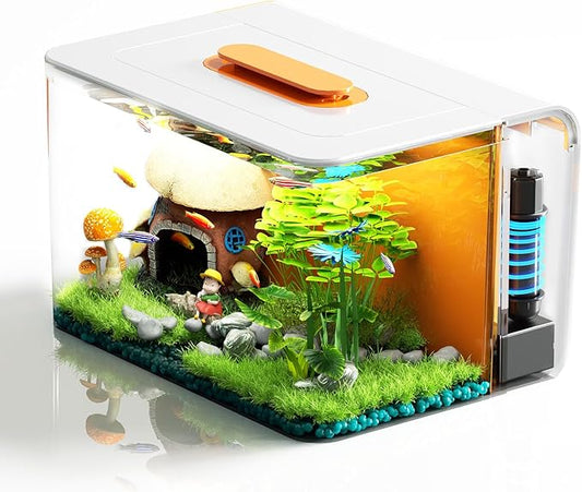 Small Fish Tank Aquarium Kit with Heater, Self Cleaning Hidden Filtration, Light, Lid, Adjustable Water Flow Pump, 2.5 Gallon, Acrylic