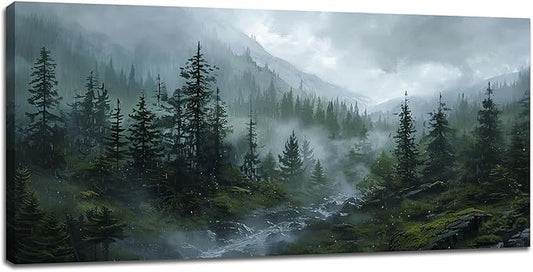 Large Forest Wall Art Nature Misty Mountain Canvas Living Room Tree Landscape Pictures Framed Prints Oversize Wall Decor Painting Artwork for Bedroom Dining Home 60"x30"