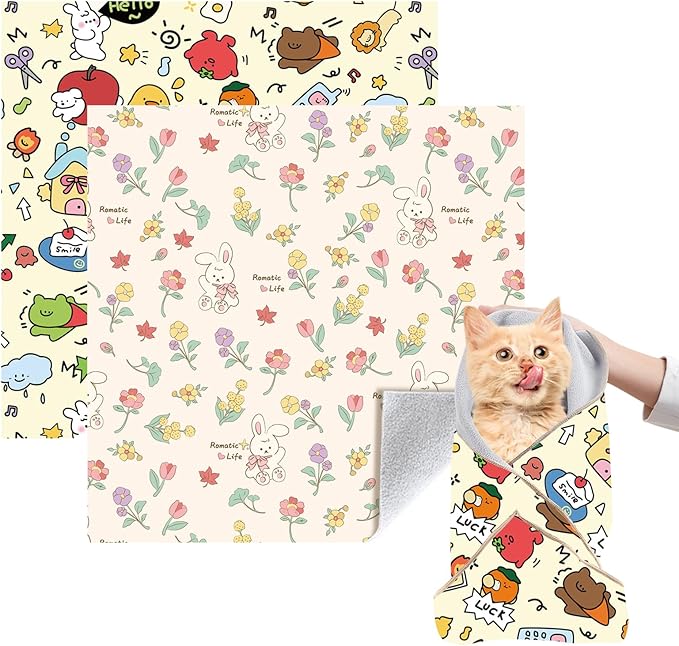 Cat Grooming Wrap, 2pcs [L] Cat Restraint Wrap for Nail Clipping, Ear Cleaning, and Teeth Brushing, Self-Adherent, Anti-Bite, Anti-Scratch, Anti Scratch, Pink+Yellow