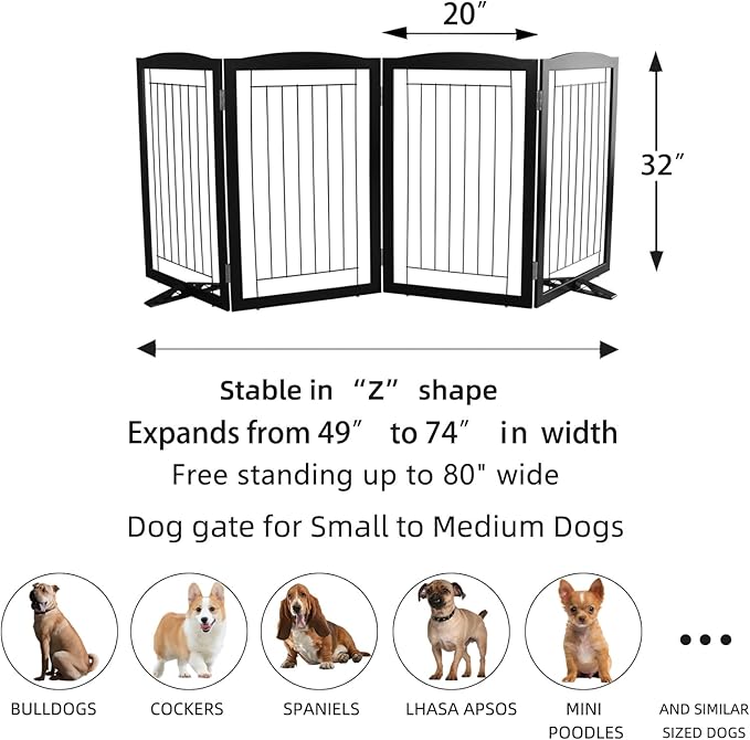 ZJSF Freestanding Dog Fence Indoor, Foldable Dog Gate for Doorways, Stairs or Hallways, Sturdy Wood Extra Wide Pet Gate with Support Feet for The House, Black, 32 "Height-4 Panels