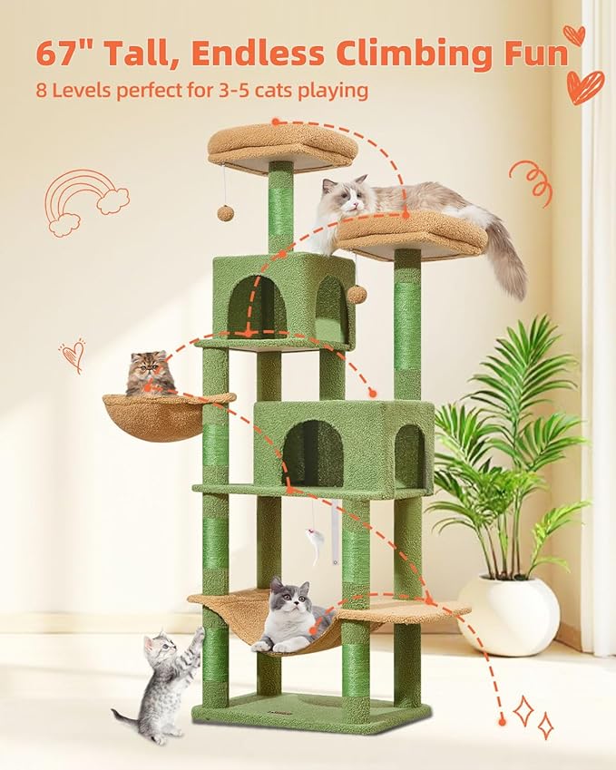 Taoqimiao Cat Tree, 66.2-Inch Cat Tower for Indoor Cats, Plush Multi-Level Cat Condo with 7 Scratching Posts, 2 Perches, 2 Caves, Hammock, 2 Pompoms, MS013T Cactus