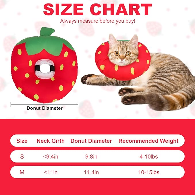 BINGPET Cat Cone Collar Soft,Waterproof Cat Recovery Collar to Stop Licking,Cute Donut Elizabethan e Collar for Cats Kittens Puppies Wound Healing After Surgery(Strawberry,Small)