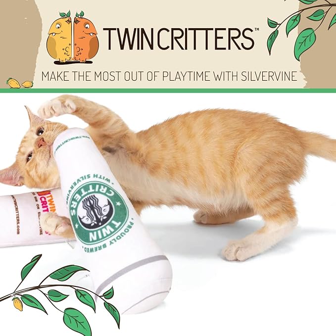 KittiBuzz 2-Pack Organic Silvervine Catnip Substitute Toys for Cats & Kittens | 100% All-Natural Wild Harvested Silvervine | 2 Refillable Coffe Cup Kicker Cat Toys