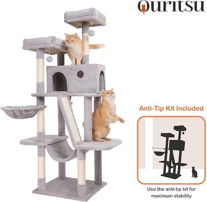 Ouritsu Cat Tree, 61 inch Tall Cat Tower for Large Cat Indoor, Enlarged Condo, 2 Padded Perches with 1 Widened, Large Hammock, Scratching Post and ramp, Fluffy Basket, Light Gray, LF002GA