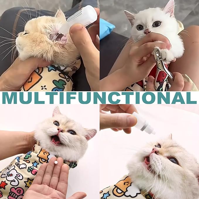 Cat Grooming Wrap, 2pcs [XL] Cat Restraint Wrap for Nail Clipping, Ear Cleaning, and Teeth Brushing, Self-Adherent, Anti-Bite, Anti-Scratch, Anti Scratch, Cow White+Colorful Graffiti