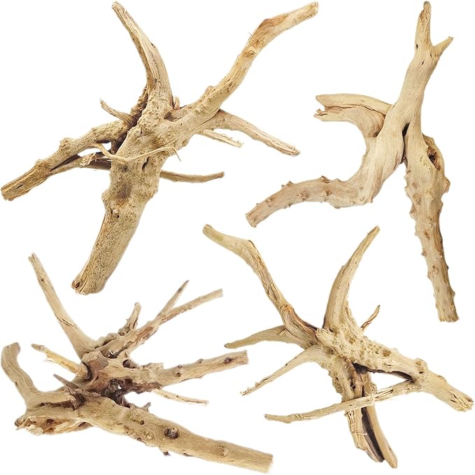 Tfwadmx Natural Driftwood for Aquarium, 6-8" 4 Pcs Wood Aquarium Decorations Fish Tank Log Reptile Tree Branches, Assorted Spider Wood Branch