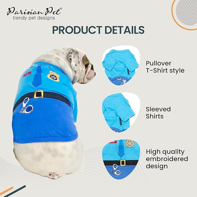 Parisian Pet Embroidered Dog Police Costume - 100% Cotton and Polyester Pet Clothes - Sleeved Cop Costume for Small Blue Dogs