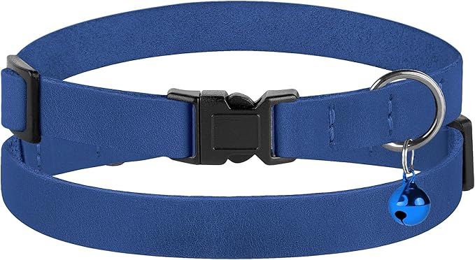 Breakaway Cat Collar Leather with Removable Bell - 13 Colors Available - Soft Adjustable Girl Boy Safety Lightweight Pet Kitten Collars Pink Brown Blue Green Red Orange Black (Blue)