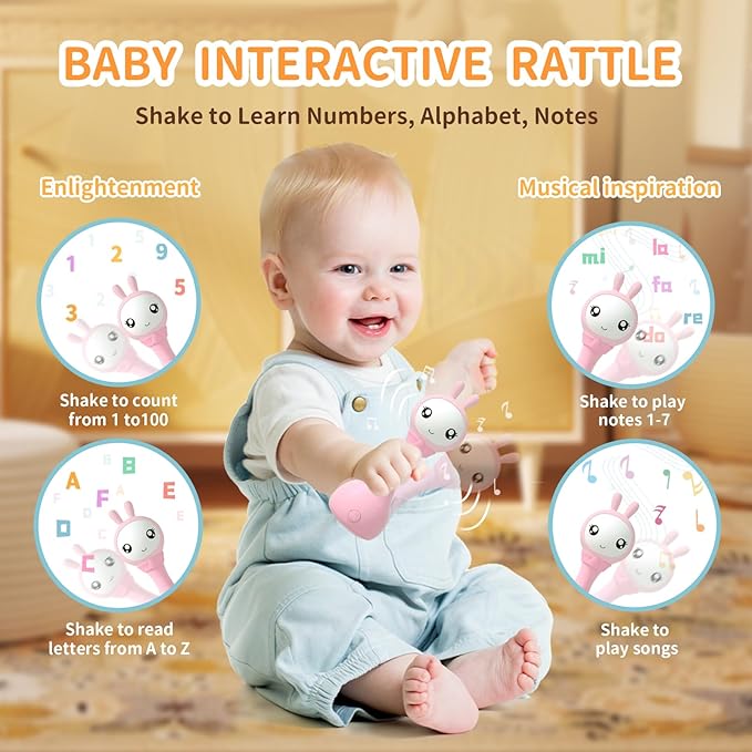 alilo Yoyo Talking Bunny Baby Musical Light-Up Rattle Toys 0-6-12-18 Months, Voice Mimicking Toy, Preloaded 90+ Audio Content, ABC/Number/Notes Learning Toys for Baby Infant Newborn Boy Girl Gifts