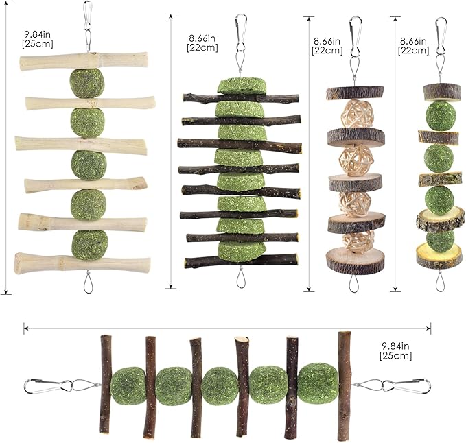 ERKOON Bunny Chew Toys, Rabbit Chew Toys for Teeth Grinding, Improve Dental Health, 100% Natural Apple Wood Timothy Grass Cake Treats for Rabbits Guinea Pigs Chinchillas Bunnies Hamsters (5 Pcs)