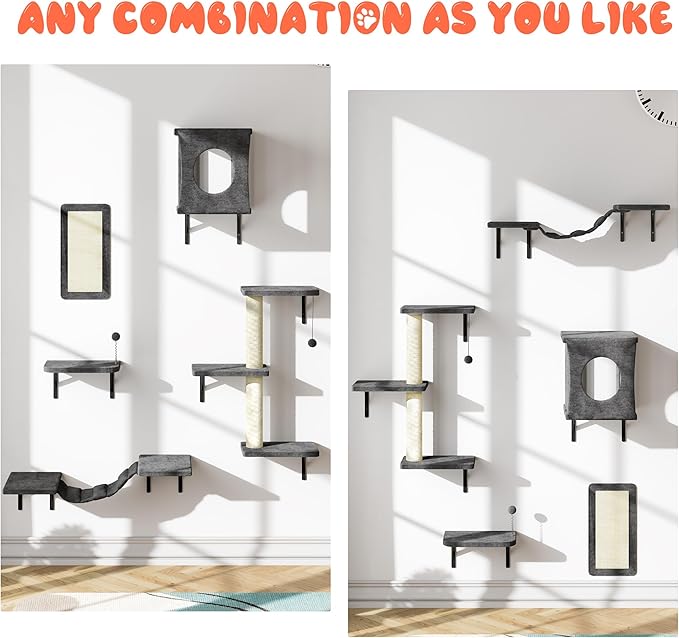 NUNU LAB Wall Mounted Cat Furniture, 5 Pcs Cat Wall Shelves with House, Bridge, Steps, Scratching Post, Shelves, Indoor Safe & Stable Furniture for Kittens Play, Gray