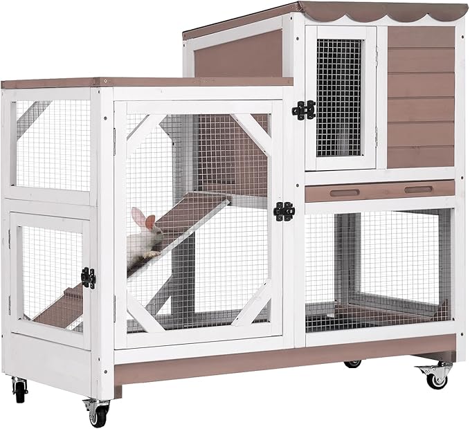 GUTINNEEN Rabbit Hutch Indoor Rabbit Cage with Wheels Outdoor Bunny House 2 Story Guinea Pig Cage with Leakproof Tarp Roof