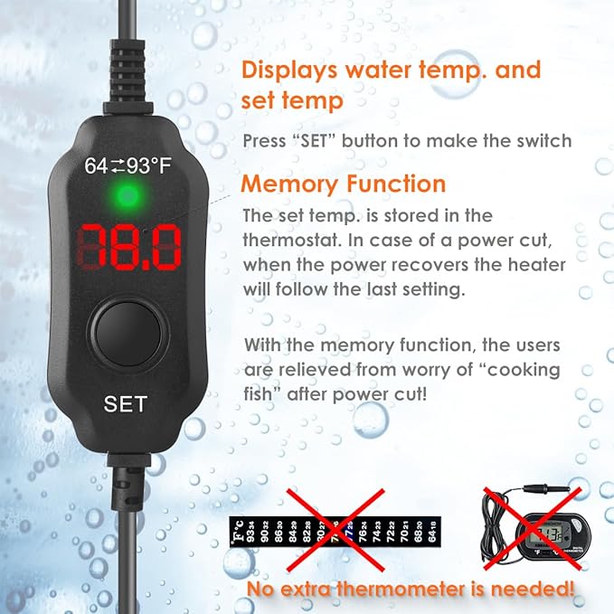 Super Compact 100W Fish Tank Heater, Submersible Aquarium Heater with LED Digital Display Thermostat, Adjustable Fish Heater for 10-20 Gallon Tanks