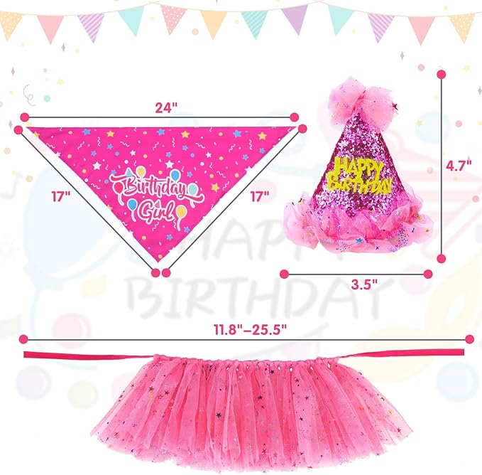 SCENEREAL Dog Birthday Bandana with Hat and Dress Girl Set, Puppy Birthday Party Supplies, Cute Pink Tutu Skirt Outfit for Small Medium Large Dogs