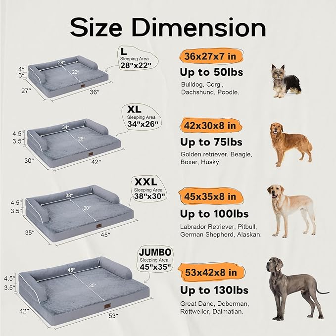 Large Dog Bed Orthopedic Washable - Beds Bolster - Medium XL XLarge Big Dogs - Memory Foam Couch Sofa - Waterproof with Removable Cover