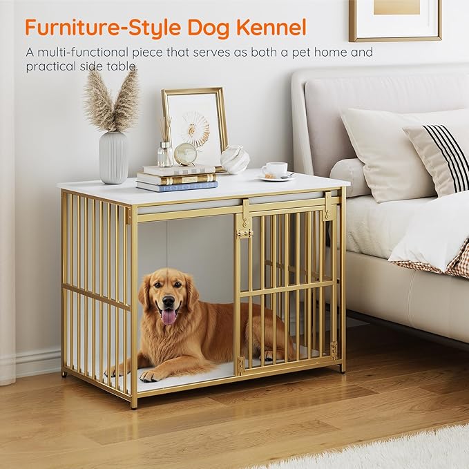 HOOBRO Dog Crate Furniture, 36.6" Heavy Duty Dog Kennel with Sliding Barn Door, Wooden Dog Cage Indoor, Decorative Side End Table for Small/Medium Dogs, White and Gold GD162GW03G1