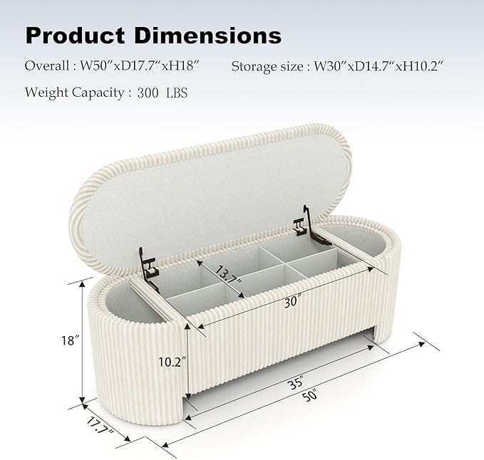Storage Ottoman Bench Upholstered Corduroy End of Bed with Safety Hinge for Bedroom, Living Room, Entryway, Closet, Stool Modern Design Legs, No Installation Needed, White