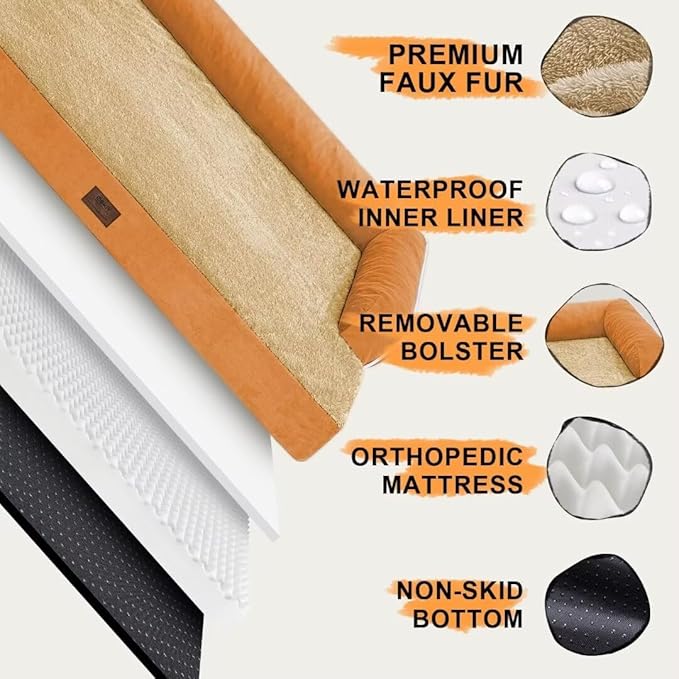 Large Dog Bed Orthopedic Washable, Orthopedic Dog Beds for Large Dogs with Washable Cover, Removable Bolster and Non-Slip Bottom Orange Dogs Beds, XL XLarge Extra Large Dogs