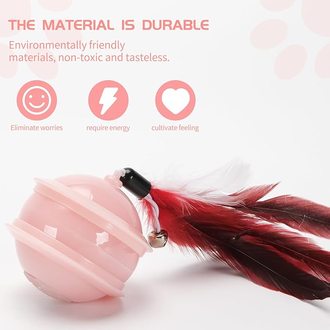 Colurful LED Interactive Cat Feather Toy Ball for Bored Indoor Adult Cats Chase Automatic Moving Ball Rechargeable Self Rolling Automated Tumbler Toy Electric Cat Toy (Pink)