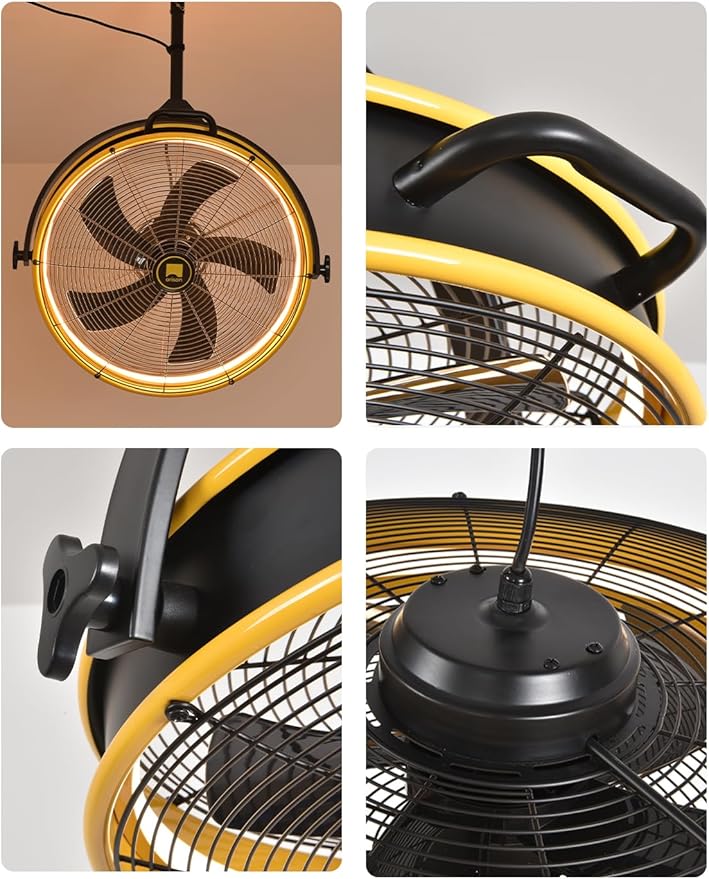 Orison 24.8'' Outdoor/Indoor Garage Ceiling Fan, 6 Speed Ceiling Mounted Plug-In Cord Garage Fan with Remote&APP, Manual Vertical Rotation, Hook hanging for Gazebo, Patio, Yellow&Black