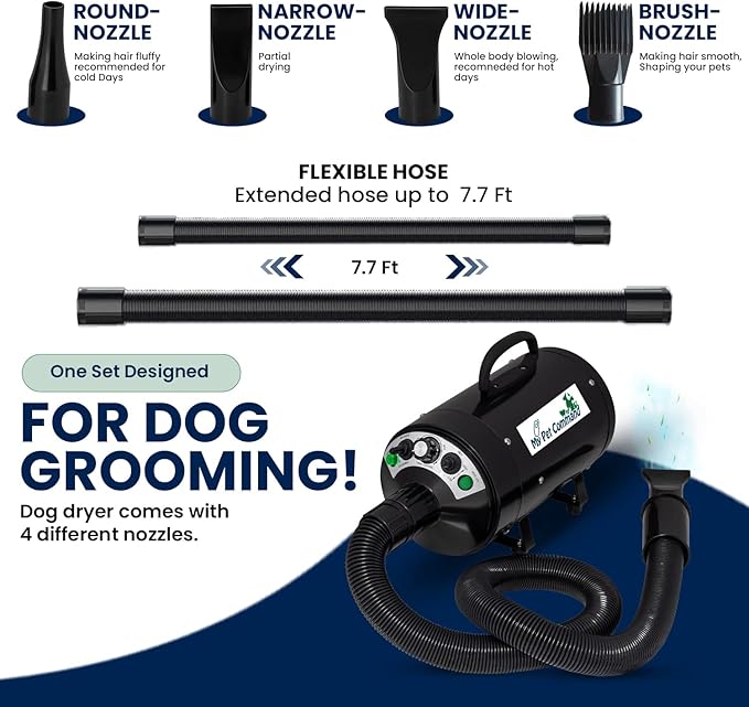 My Pet Command Dog Dryer Blower, Ultra Quiet, Professional High Velocity Blower Adjustable Hot and Cold Airflow, for Drying Deshedding with Accessories, 110V, 500W-2800W 4.5HP