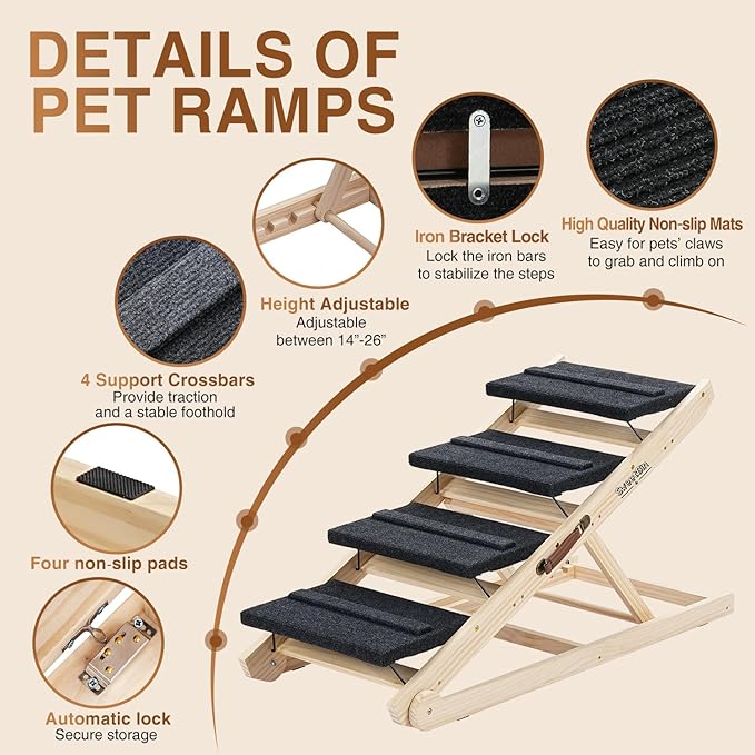 2025 Upgraded Dog Steps for Bed & Couch - 2-in-1 Dog Stairs/Ramp for Small to Large Breeds - 45.3" Long Adjustable 14"-26" Up to 200LBS - Folding Portable Wooden Pet Stairs for high Bed Couch Car