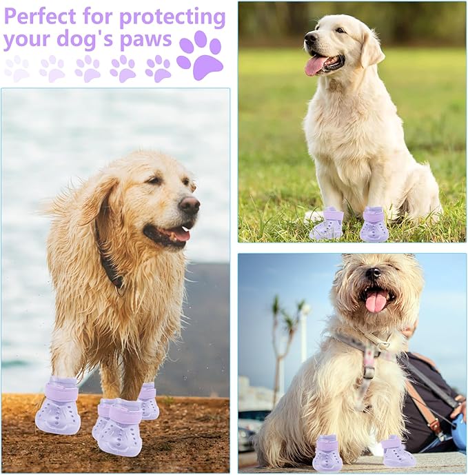 Dog Shoes, Dog Sandals for Hot Pavement, Non-Slip Waterproof Dog Booties for Winter Snowy Day and Summer, Adjustable Straps Easy-Clean Beach Outdoor Pet Boots Rugged Sole-4Pcs Purple
