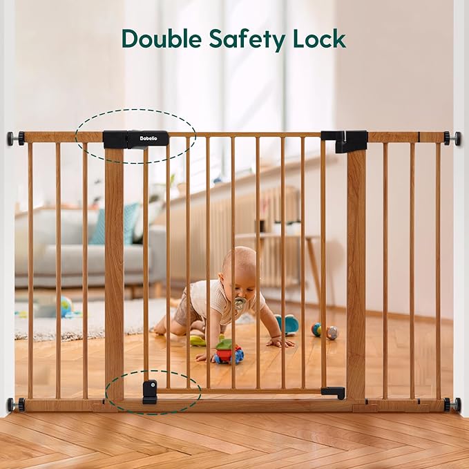 BABELIO 29-48" Metal Baby Gate with Brown Wood Pattern, Auto Close Dog Gate for The House, Stairs and Doorways, Pressure Mounted Pet Gate with Door, Safety Gate for Child and Pets
