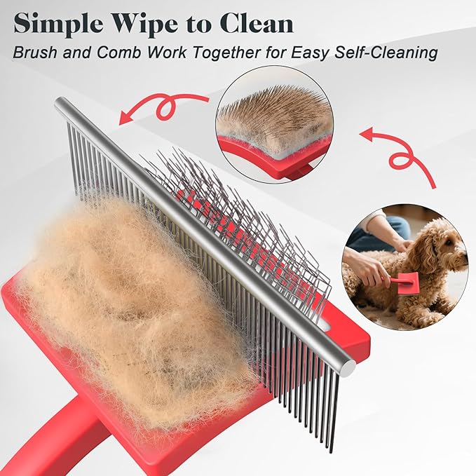 2PCS Slicker Brush for Dogs & Pet Comb,Professional Dog Grooming Brush (Goldendoodles,Poodles,Labradoodles) with Extra Long Pins to Effectively Remove Tangles, Knots and Mats (Red)