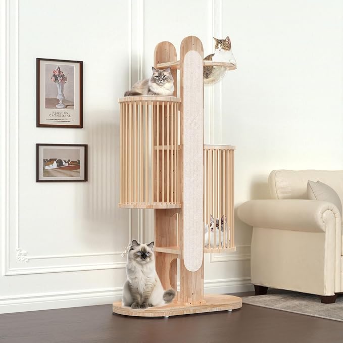 Modern Cat Tree Tower for Indoor Cats, 67" Tall Solid Wooden Cat Tower with Scratching Posts, 6 Level Natural Luxury Cat House with Big Bed, Washable Cushions Cat Furniture for Large Cats White Brown