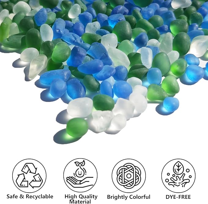 Sea Glass Stones - 0.9LB Frosted Glass Pebbles Gemstones - Perfect for Aquarium Rocks, Fish Tank Gravel, Vase Fillers, DIY Crafts, and Home Decor (Green, Aquamarine, White)