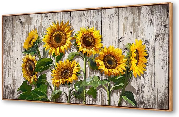 Jiuqinghua Canvas Prints Wall Art Abstract Board Paintings 1 panel Wall Art for Bedroom Rustic Sunflower Kitchen Decor Yellow Vintage Wall Decor Sunflowers Wood Grain Framed for Living Room Bedroom