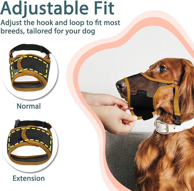 LUCKYPAW Dog Muzzle, Mesh Muzzle for Large Medium Small Dogs, Soft Mouth Guard for Biting Chewing, Breathable Mouth Guard with Adjustable Strap for Training(Brown, M(Snout:8.75"-9.5"))