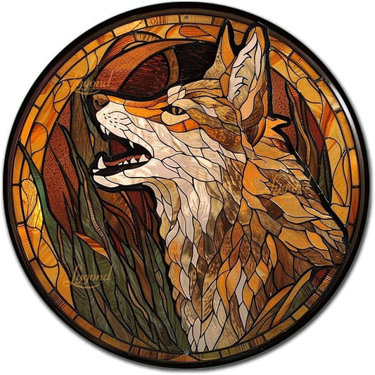 Lygond Metal Sign Tin Sign Circular Stained Glass Coyote Gardening Poster for Home Decor 8×8 Inches