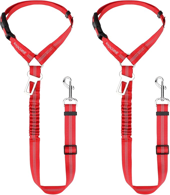 BWOGUE 2 Piece Dog Seat Belt for Car with Elastic Bungee Buffer Safety Seatbelt Car Headrest Restraint Wear Adjustable Metal Buckle Harness in Vehicle Travel for Pet