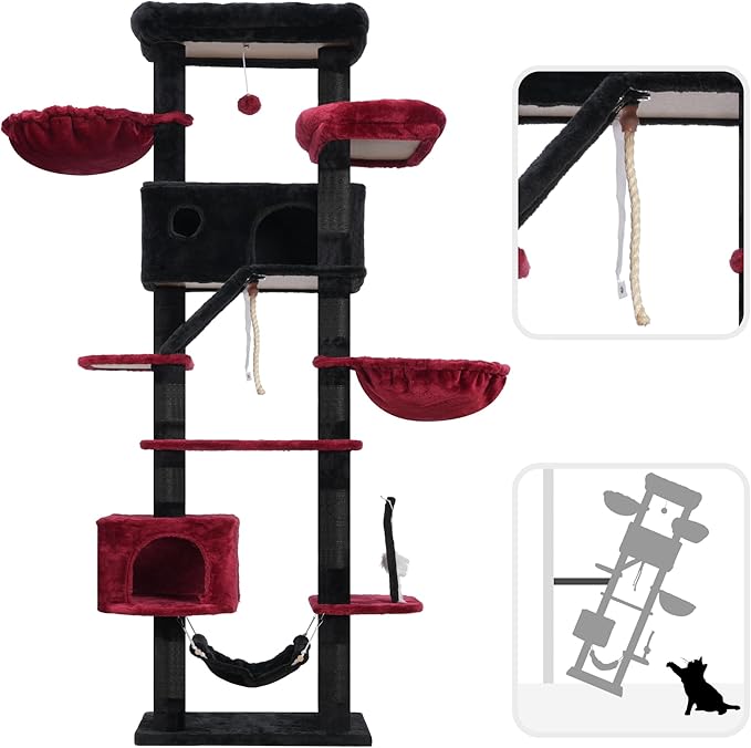 Gothic Cat Tree for Large Cats, 78.7"(200cm) Tall Cat Tower for Indoor Cats Multiple Cats with Large Top Perch, Cat Condo, Cat Hammcok, Cat Scratching Post, Black and Red GCT031BR